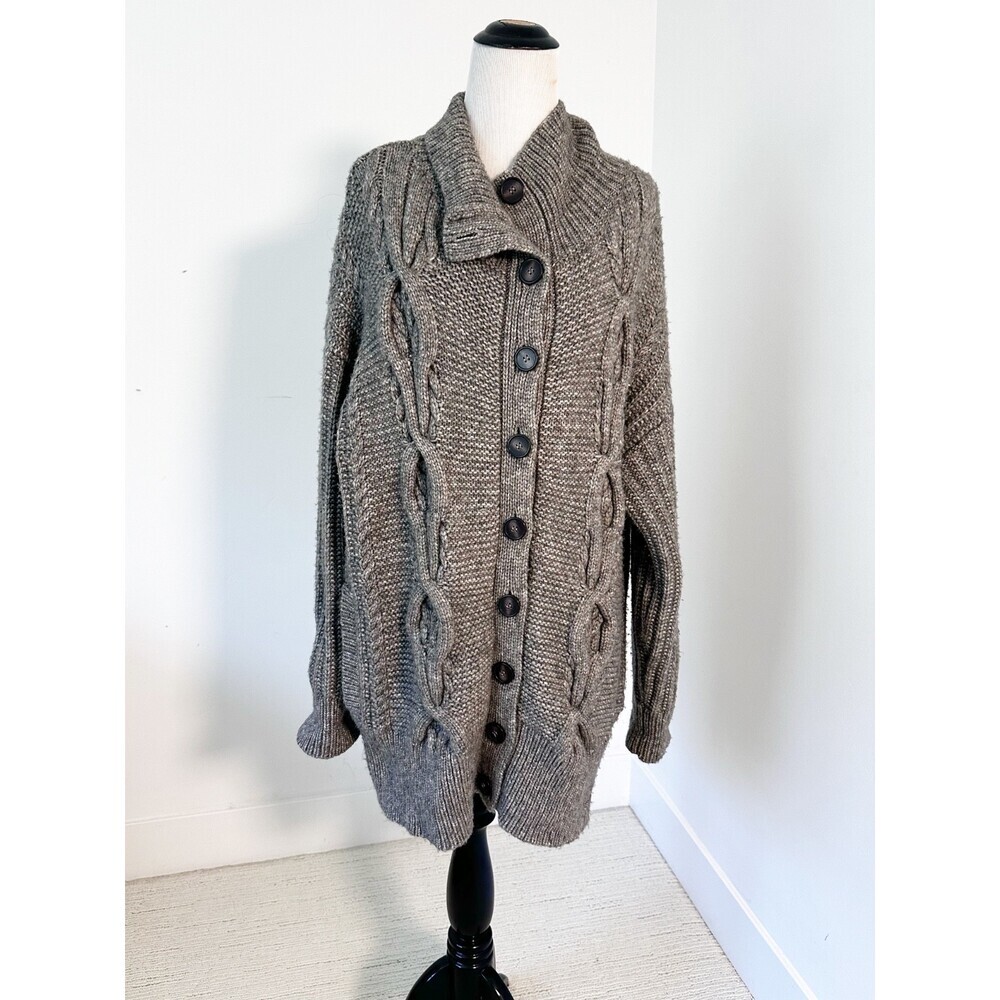 INTERMIX Carlyle Womens M/L Gray/Brown Cardigan Coatigan Cabincore Fisherman Lux
